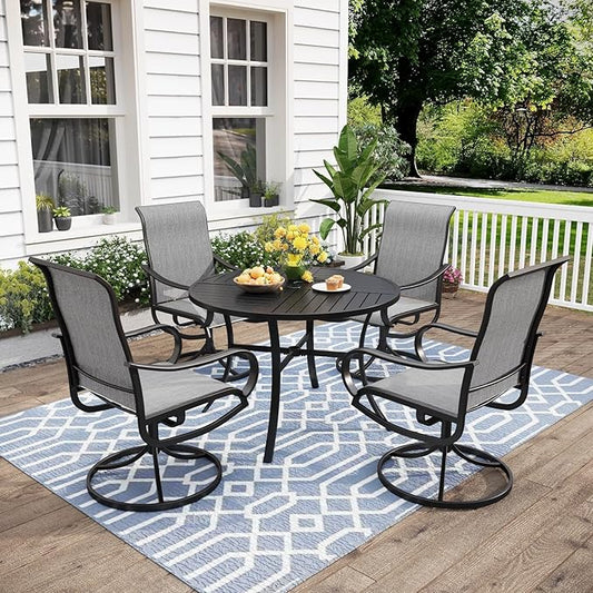 MFSTUDIO Outdoor Dining Set for 4，Round Patio Table and Chairs Set with Umbrella Hole, 5 Piece Patio Dining Set for Deck, Backyard, Poolside & Garden