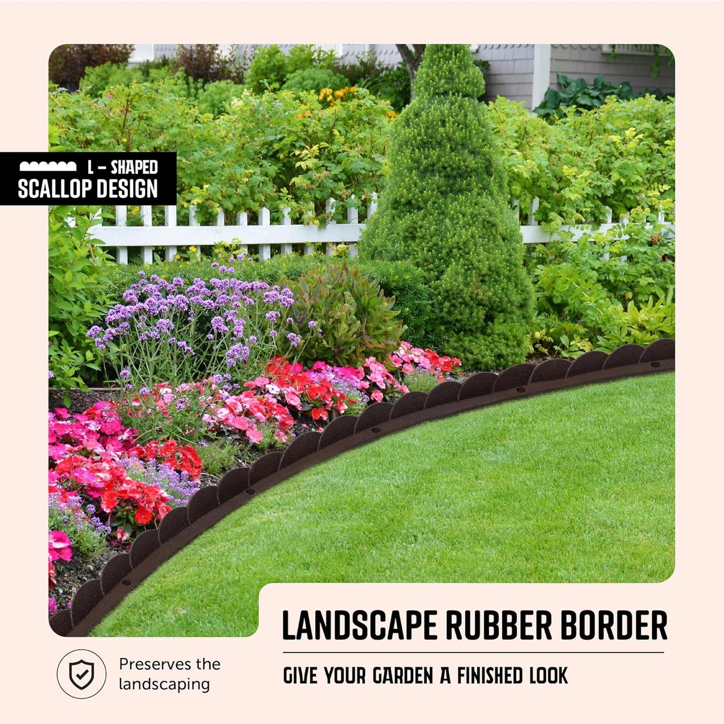 Playsafer L Shaped Flexible Rubber Scalloped Edger for Lawns Landscaping and Playground | Easy No Dig Installation| 4' Long (2, Brown)