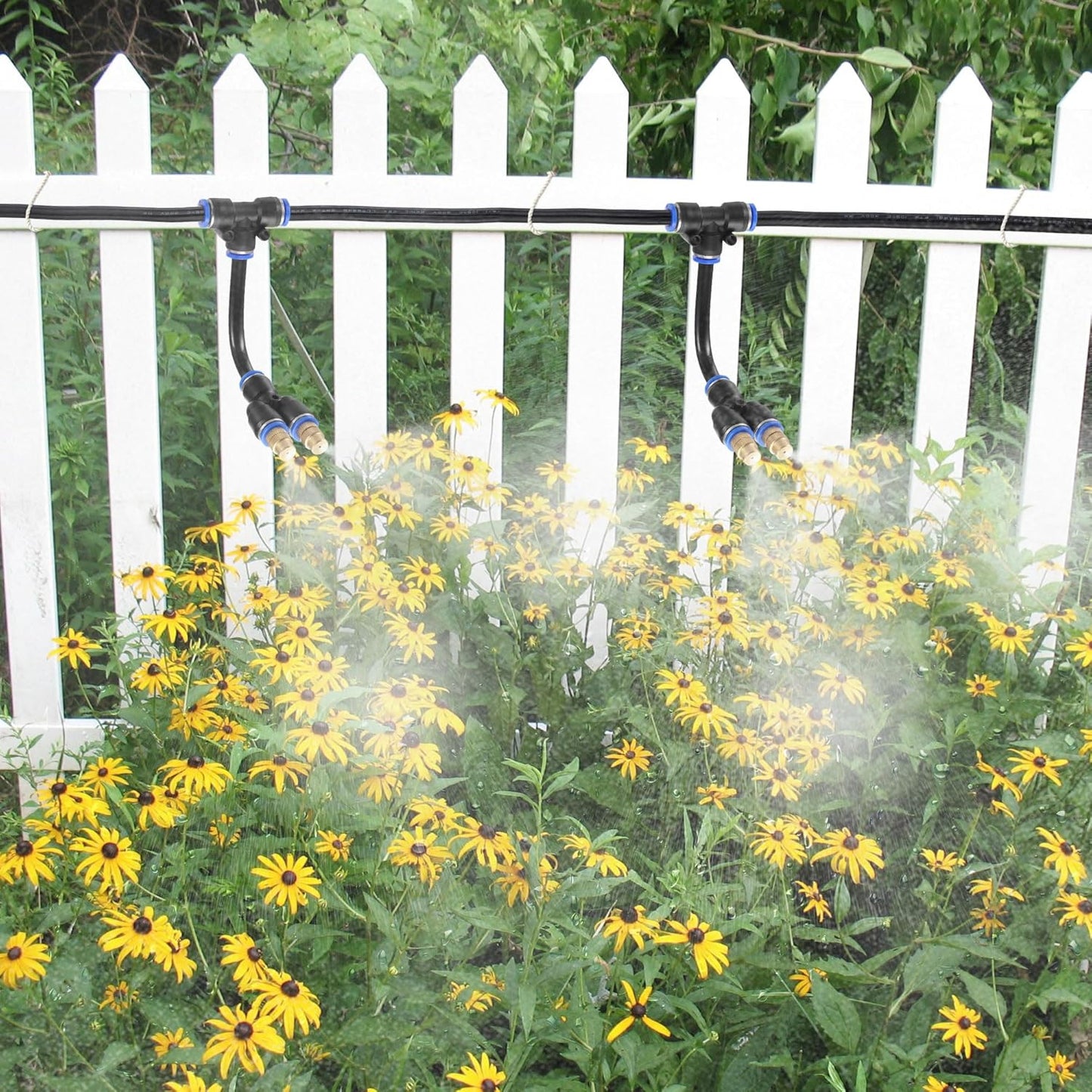 Mornajina 3Packs 2 Way Brass Misting Nozzles Tee with 5inch Built in Hose for Outdoor Cooling System, Adjustable 360° Rotation, Water Mister Nozzles Thread Sprayer 0.043" (1.1 mm)