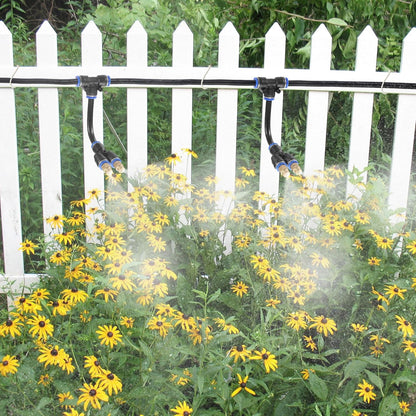 Mornajina 3Packs 2 Way Brass Misting Nozzles Tee with 5inch Built in Hose for Outdoor Cooling System, Adjustable 360° Rotation, Water Mister Nozzles Thread Sprayer 0.043" (1.1 mm)