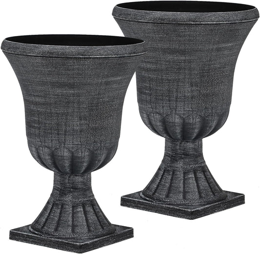 22" Large Urn Planters (Set of 2), Handmade Washed Black Plastic Flower Pots, Weatherproof for Porch, Garden, Patio or Home Décor