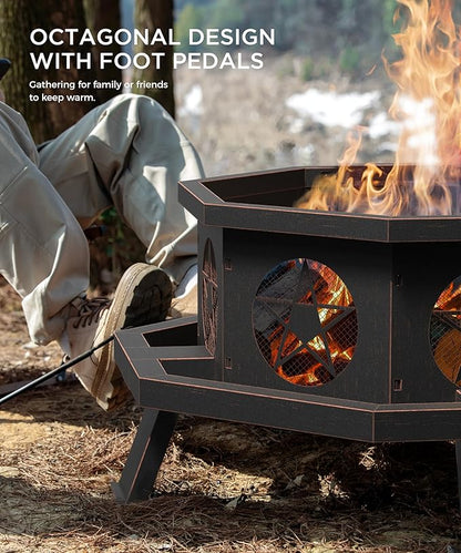 35 inch Fire Pit, Large Firepits for Outside Wood Burning Fire Pits with Cooking Grill, Outdoor Fire Pit Octagonal Heavy Duty Firepit with Poker for Bonfire, Backyard, Patio, Bronze