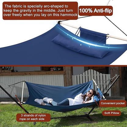 TegerDeger Anti-flip 12FT Hammock Large Hammock 450LB Capacity with Iron Spreader Bar & Nylon Rope for Outside, Patio, Garden, Backyard, Beach - Blue