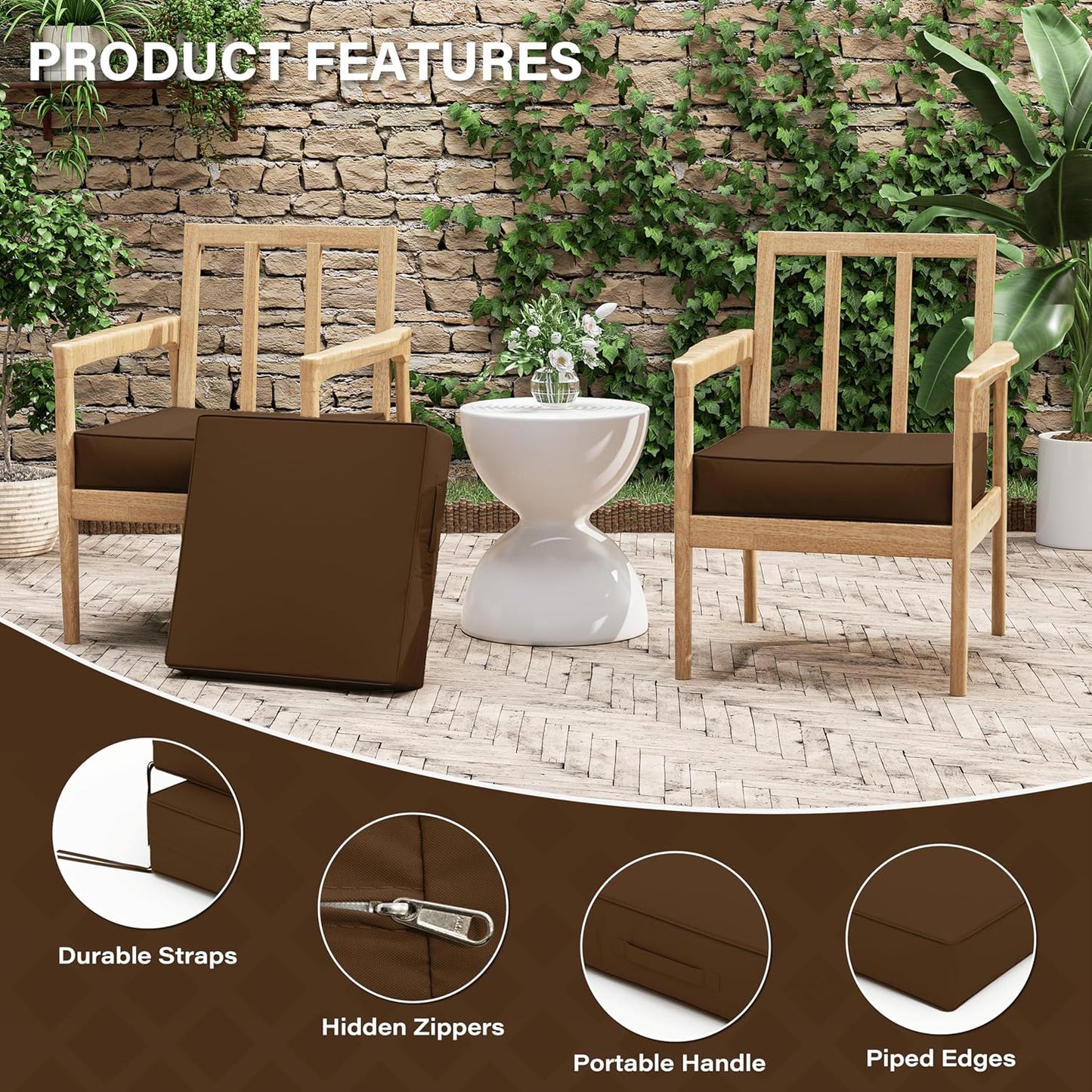 Patio Chair Cushions 19 X 19 X 4 Inch Waterproof Outdoor Seat Cushions for Patio Furniture, Outdoor Sofa Couch Pads with Ties & Handle, Set of 2, Chocolate