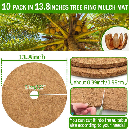 ZeeDix 10 Pack 14 Inch Coconut Fiber Mulch Ring, 100% Natural Coco Coir Tree Ring Mulch Mat Plant Protector Mat, Coconut Coir Discs Plant Pot Soil Cover for Indoor Outdoor Plants, Garden Decoration
