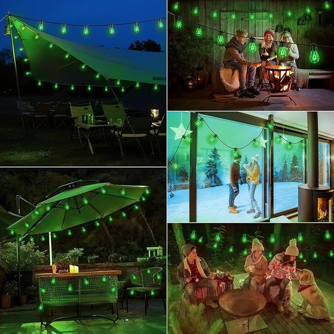 LED Christmas Lights, 50FT Patio Lights with 16Pcs Shatterproof S14 Bulb(1 Spare), 4 Lighting Mode, Connectable, Waterproof Green Edison Plastic Bulb Hanging Light for Yard Porch Christmas Décor