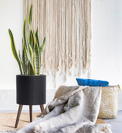 D'vine Dev 12 Inch Modern Geometric Tile Patterned Sleek Planter Pot with Stand, Indoor Outdoor Decorative Plant Holder, Distressed Black, 88-Z-C-5