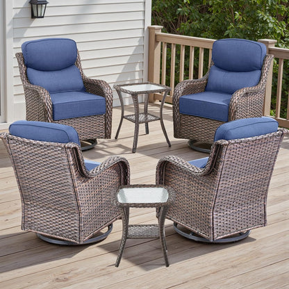 6 Piece Outdoor Patio Swivel Rocker Chairs, Waterproof Wicker, High Back, Deep Seating, Wide Armrest, Upgraded 6 inch Thick Cushions, Side Table, Ideal for Deck Porch Yard, Brown/Blue