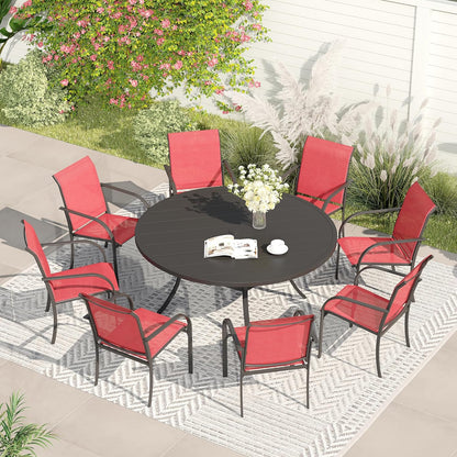 VICLLAX Patio Dining Set for 8, Outdoor Furniture Set Includes 53" Round Patio Table and 8 Patio Sling Chairs, Black Tabletop and Red Fabric