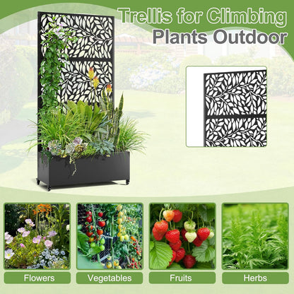 Raised Garden Bed with Trellis and Wheels,73"x35"x16" Metal Raised Garden Bed,Black Flowing Leaf-2 Metal Planter with Climbing Trellis for Vines & Vegetables