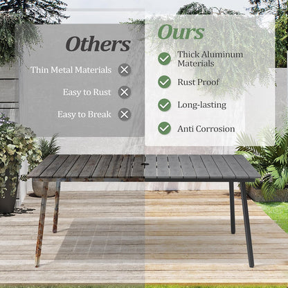 Aluminum 70 Inch Patio Outdoor Dining Table for 6, Umbrella Hole & Wood-Like Top, All-Weather Deck & Backyard Table