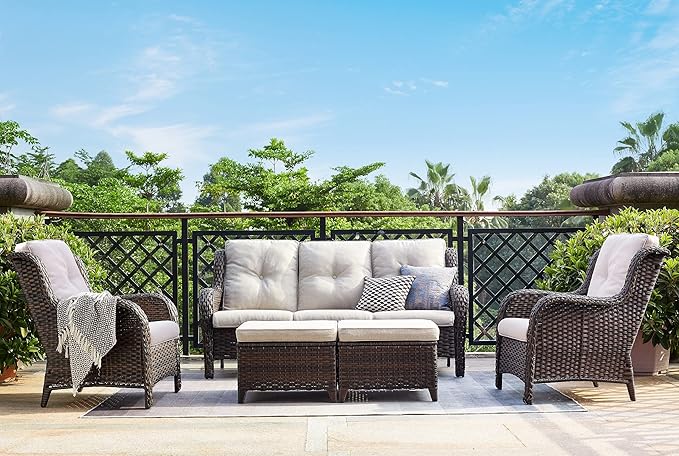 Rilyson Outdoor Furniture Set, 5-Piece Patio Rattan Wicker Sectional Sofa Set with 3-Seat Couch, 2 Armchairs, 2 Ottoman Footrests for Patio Conversation (5 PC,Brown/Beige)
