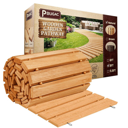 8FT Wooden Garden Pathway, Roll Out Walkway for Patio, Backyard and Outdoor Decor, Weatherproof, Non Slip and Easy to Install, Perfect for Beach, Wedding or Lawn (Natural)