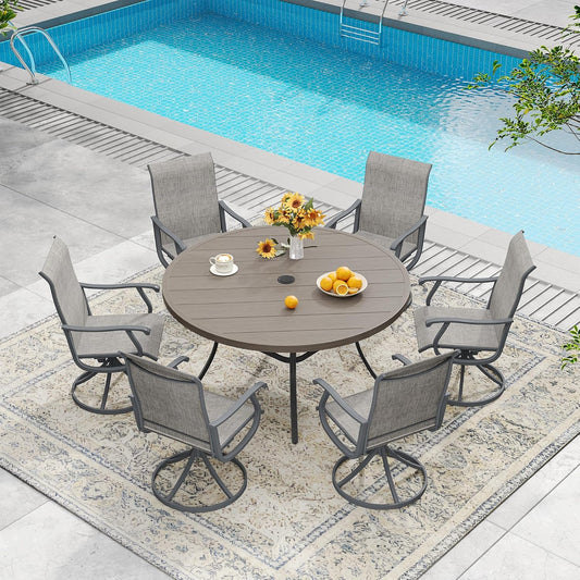 DIFY 50" Round Outdoor Patio Dining Table for 6, Metal Patio Table with 1.57" Adjustable Umbrella Hole, All-Weather Dining Furniture Table for Backyard Lawn Garden, Grey Wood-Like