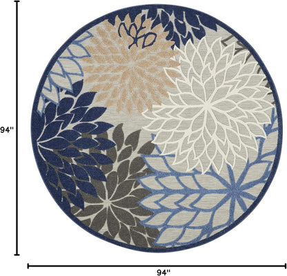 Nourison Aloha Indoor/Outdoor Blue/Multicolor 7'10" x Round Area Rug, Tropical, Botanical, Easy Cleaning, Non Shedding, Bed Room, Living Room, Dining Room, Deck, Backyard, Patio (8 Round)