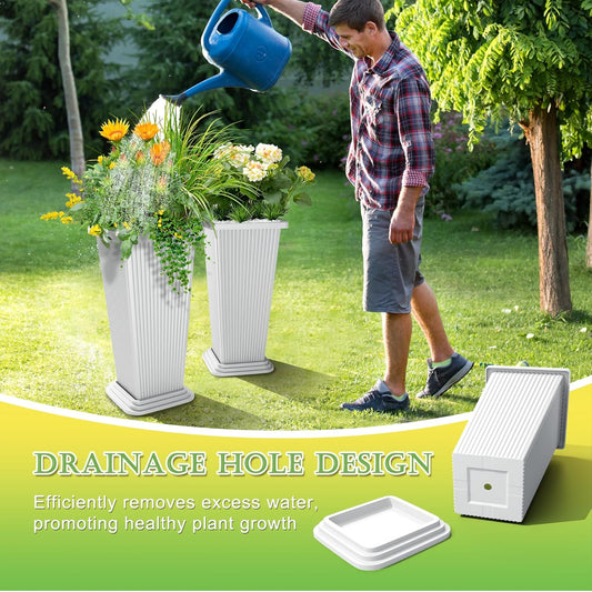 Set of 2 Large Tall Planter for Indoor or Outdoor 24" Flower Pots Tapered Tall Planters with Tray for Porch, Patio, Backyard, Large Planters for Outdoor Indoor Plants(White,Striped)