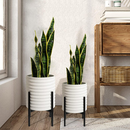 Oakrain Plants Pots with Stand, Set of 2 Indoor Planter Pots, Mid-Century Decorative Metal Flower Pots with Drainage for Living Room, Office, Garden, Balcony, 8"&10", White