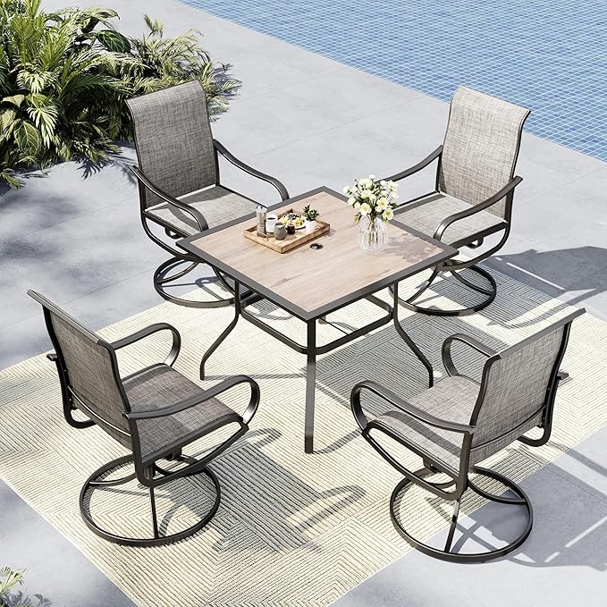 MFSTUDIO Patio Table and Chairs Set of 4, Patio Dining Set with Umbrella Hole, 5 Piece Outdoor Dining Set for Deck/Backyard/Poolside/Garden