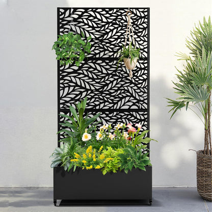 FENCY Metal Raised Garden Bed with Wheels and Trellis,73"x35"x16" Planter Box for Climbing Plants, Vegetables & Vines, Features Privacy Screen and Drainage Holes (Black-Leaf)