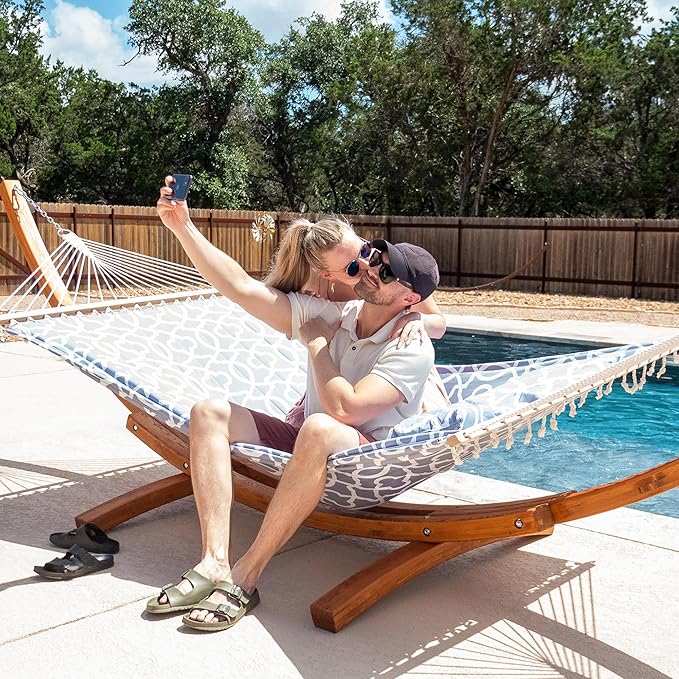 SUNCREAT 2 Person Hammocks for Outside with Stand, Extra Large Double Hammock with Wooden Stand, Gray