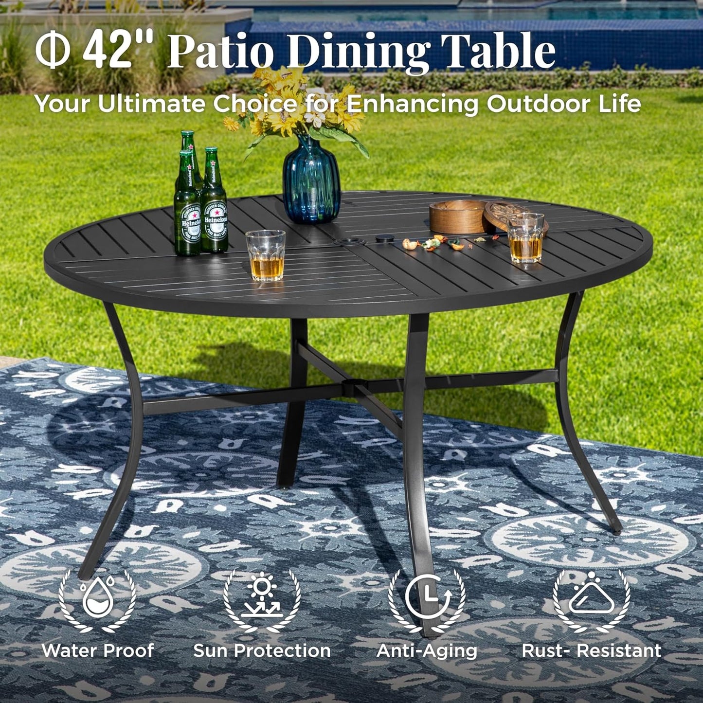 Outdoor Patio Round Dining Table, 42"x 42" Metal Slatted Round Tabletop with Adjustable Umbrella Hole for Deck Lawn Garden Backyard, Black