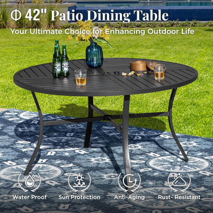 Outdoor Patio Round Dining Table, 42"x 42" Metal Slatted Round Tabletop with Adjustable Umbrella Hole for Deck Lawn Garden Backyard, Black