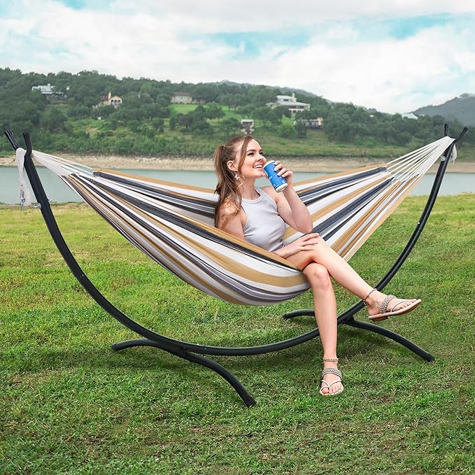 SUNCREAT 2 Person Hammock with Stand, Heavy Duty Free Standing Hammock with Stand Included, Coffee Stripes