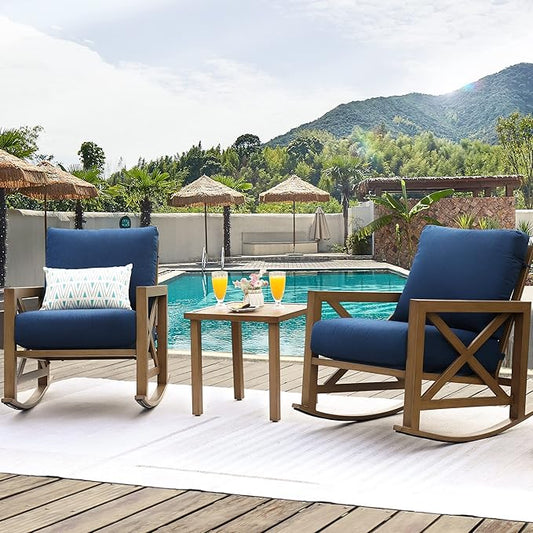 NATURAL EXPRESSIONS Sunbrella Rocking Bistro Set, 3 Piece Outdoor Patio Conversation Furniture Set with 6.5'' Thick Cushions Wood Grain Finish Frame for Backyard,Porch,Poolside