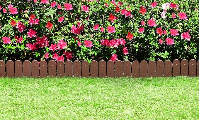 Evelyne Garden Border Plastic Edging: Wooden Fence Design - 8pcs Brown Yard Landscaping Fence Liner Lawn Edge Barrier - 10ft Kit of Decorative Lawn Panels Elements -Landscaping Edging-GMT-10374-A08