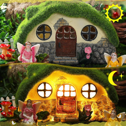 Roowest 57 Pcs Solar Fairy House Garden Accessories Light up Mushroom House Resin Fairy Figures Garden Kit Resin Miniature Fish Pond Figures Micro Landscape Outdoor Decoration