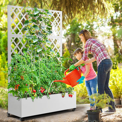 FENCY Metal Planter Box with Diamond Lattice Trellis Planter Box for Climbing Plants/Vines, Galvanized Raised Garden Bed On Wheels, Garden Bed with Trellis(73"x47" White)