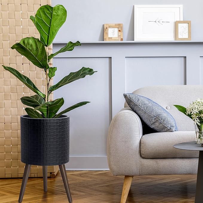 D'vine Dev 12 Inch Modern Geometric Tile Patterned Sleek Planter Pot with Stand, Indoor Outdoor Decorative Plant Holder, Matte Black, 88-Z-C-2