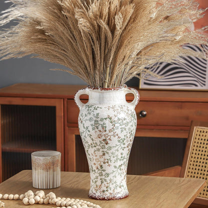 Enra Farmhouse Vintage vase with Handle,12.6 in Ceramic Chinoiserie Floral Vase,Green and Beige Decorative Flower vase,Large Rustic Vases for Home Decors, Living Room, Bookshelf, Office