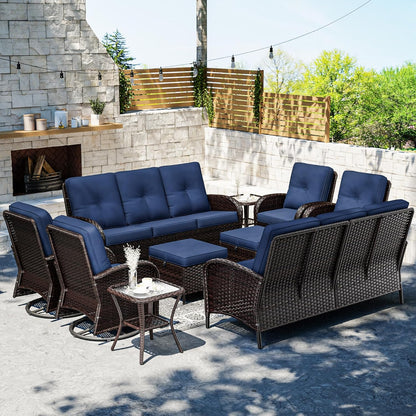 Joyside 10 Piece Patio Furniture Set, Outdoor Wicker Conversation Sets with Swivel Rocker Chairs and Sofa, Thick Cushion, Rattan Patio Sectional for Porch, Deck Use (Brown/Blue, 10 PCS)