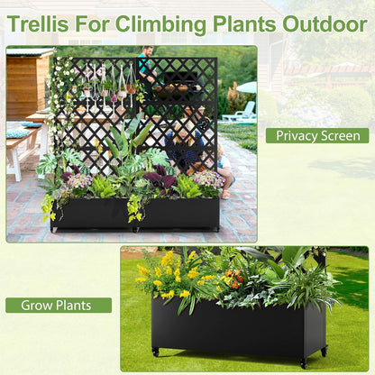 Metal Planter Trellis Box with Wheels & Drain Plug Outdoor Raised Garden Bed Patio Privacy Screen with Planter for Climbing Plants, Vegetables 73"x35"x16" Black-Diamond