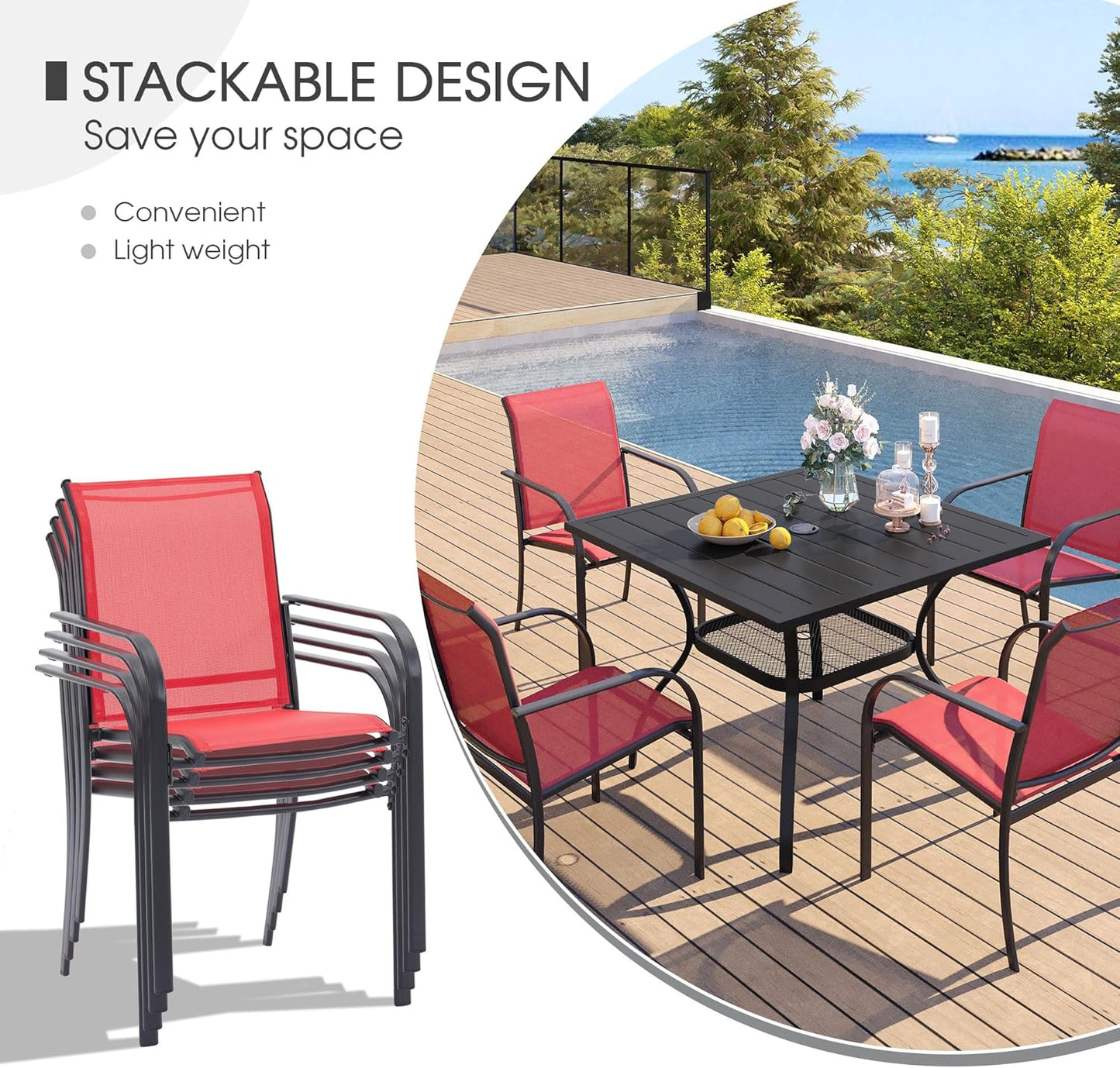 VICLLAX 5 Pieces Patio Dining Set, Outdoor Furniture Set Includes 1 Square Patio Table and 4 Stackable Patio Sling Chairs, Outdoor Table and Chairs for Outsides, Black Table and Red Chairs