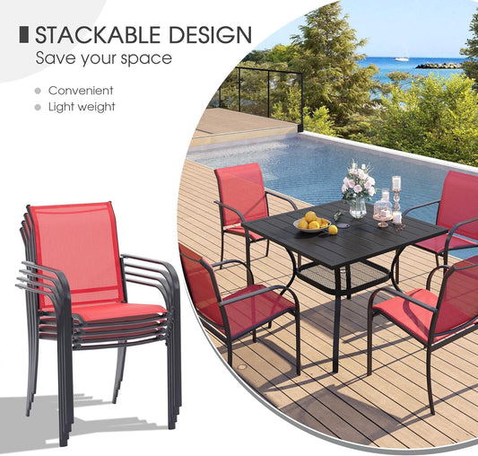 VICLLAX 5 Pieces Patio Dining Set, Outdoor Furniture Set Includes 1 Square Patio Table and 4 Stackable Patio Sling Chairs, Outdoor Table and Chairs for Outsides, Black Table and Red Chairs
