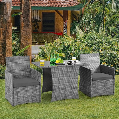 HAPPYGRILL 3-Piece Outdoor Wicker Bistro Set Space-Saving PE Rattan Dining Table Set with Cushioned Chairs, Patio Conversation Set for Backyard Porch Garden and Poolside