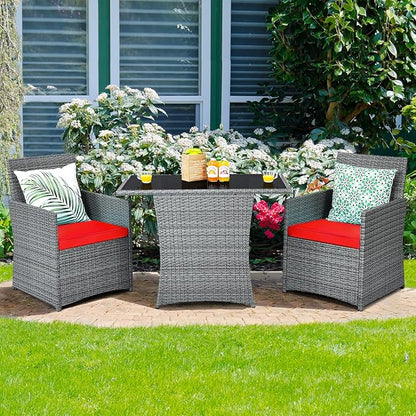 Tangkula 3 Pieces Patio Dining Set, Patiojoy Space-Saving PE Rattan Bistro Set with Tempered Glass Top Table and Cushioned Chairs, Outdoor Conversation Set for Garden, Backyard, Poolside, Porch (Red)