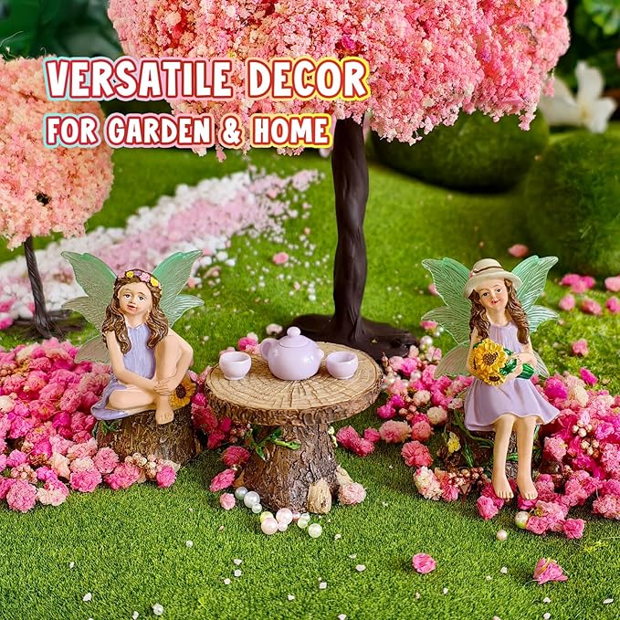DONABELA Fairy Garden Kit Figurine Set Supplies 2 Fairies Table 2 Chairs Teapot Teacups Miniature Decor Accessories Tiny Furniture Outdoor Indoor Ornament Gift for Kids