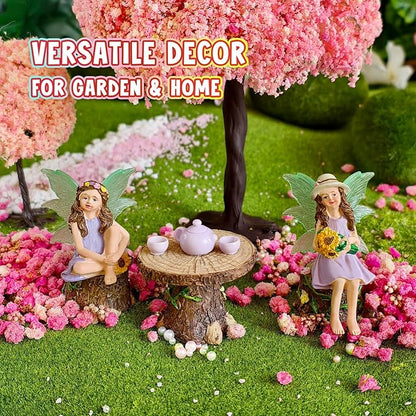 DONABELA Fairy Garden Kit Figurine Set Supplies 2 Fairies Table 2 Chairs Teapot Teacups Miniature Decor Accessories Tiny Furniture Outdoor Indoor Ornament Gift for Kids