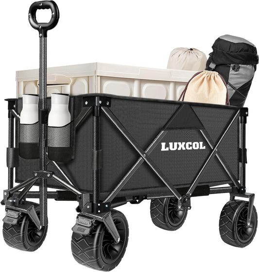 LUXCOL Collapsible Folding Wagon, Heavy Duty Utility Beach Wagon Cart for Sand with Big Wheels, Adjustable Handle&Drink Holders for Shopping, Camping,Garden and Outdoor