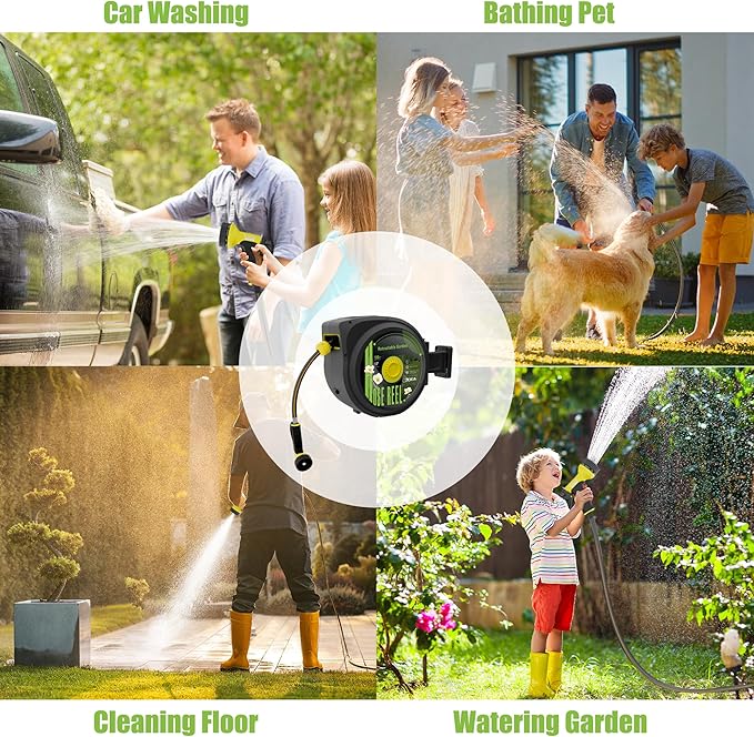 Aokia Retractable Garden Hose Reel, 65 ft x 1/2 inch Garden Hose with Auto Return System, Retractable Water Hose with 180°Swivel Wall Mounted Bracket, 9 Pattern Sprayer Nozzle & Any Length Lock