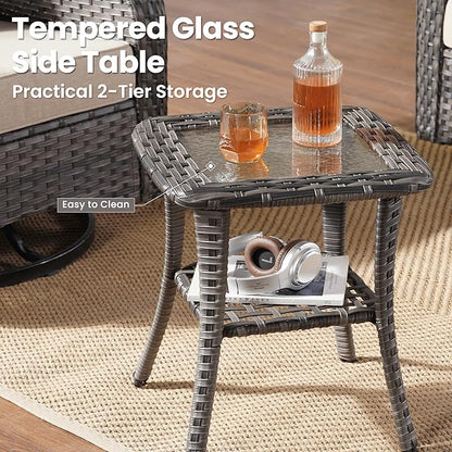 ovios 3 Pieces Patio Furniture Set, Outdoor Rocking Chairs of 2, Wicker Swivel Glider Chairs with Side Table Thick Cushions, All Weather Rattan Bistro Set for Porch, Beige