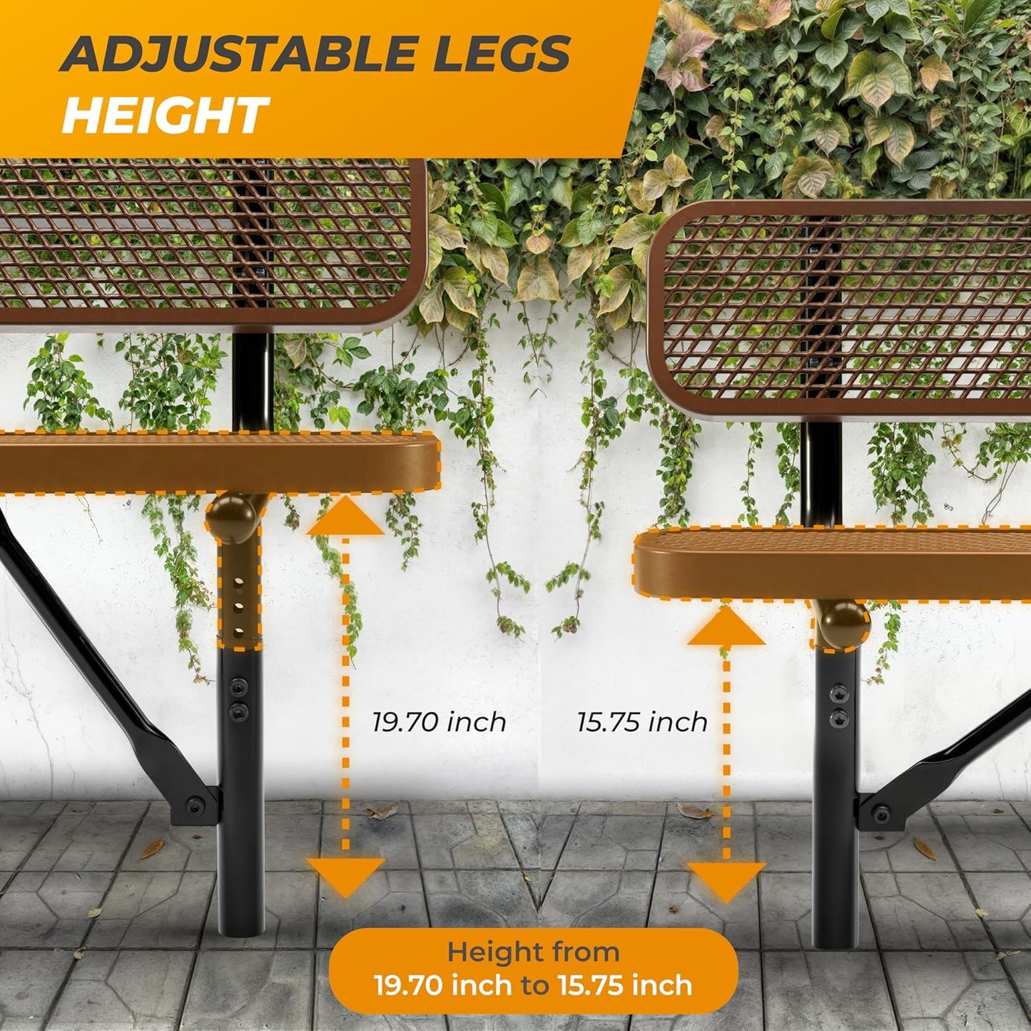 Heavy-Duty Outdoor Metal Bench, Thermoplastic-Coated, Inground, Weatherproof, Commercial-Grade for Parks, Gardens, Patios, Stores & More (6 Ft - Inground with Back, Brown)