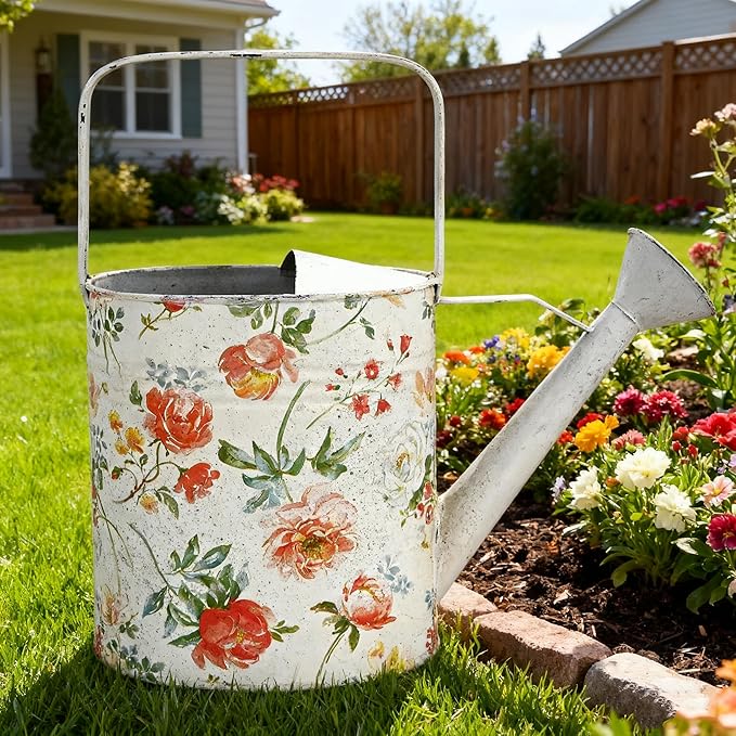 Vintage Floral Metal Watering Can, Decorative Watering Pot for Indoor Outdoor Plants, Shabby Chic Garden Watering Tool with Long Spout, Rustic Home Patio Decor