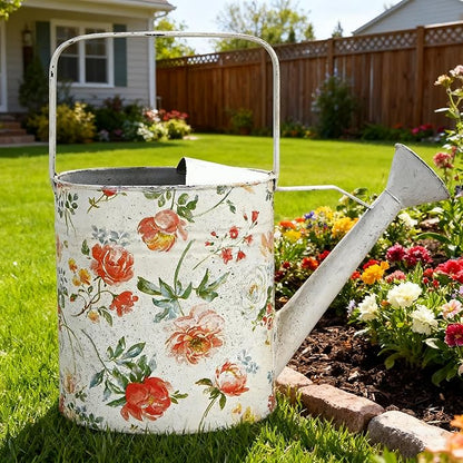Vintage Floral Metal Watering Can, Decorative Watering Pot for Indoor Outdoor Plants, Shabby Chic Garden Watering Tool with Long Spout, Rustic Home Patio Decor