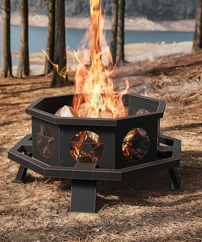 35 inch Fire Pit, Large Firepits for Outside Wood Burning Fire Pits with Cooking Grill, Outdoor Fire Pit Octagonal Heavy Duty Firepit with Poker for Bonfire, Backyard, Patio, Bronze