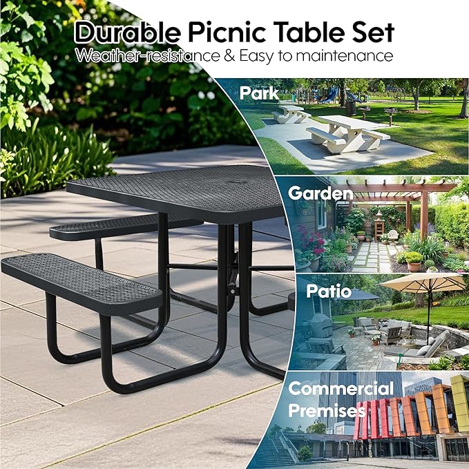 46" Square Picnic Table W/Benches,Heavy Duty Metal Picnic Table Set with 2in Umbrella Hole, 1600 lb Capacity,Commercial Dining Table Furniture for Yard Patio Lawn Party Coffee Shop