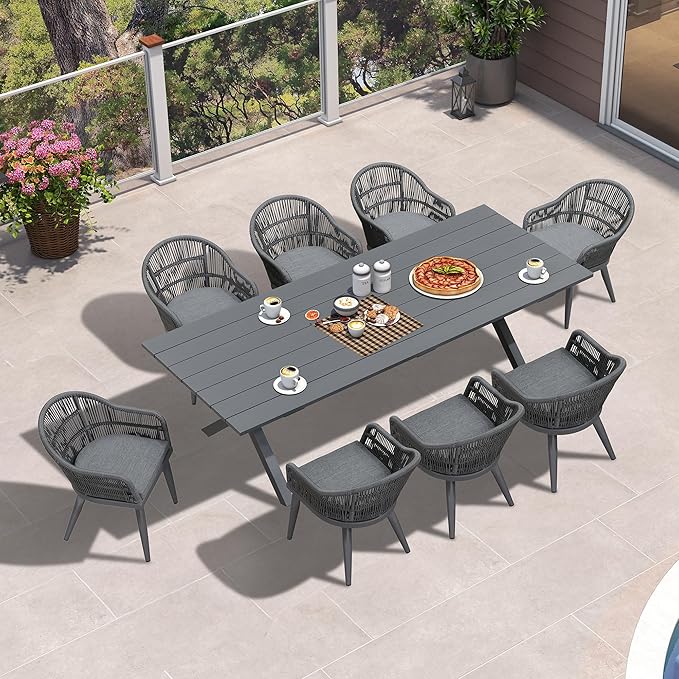 PURPLE LEAF 9 Piece Longer Patio Dining Set with Outdoor Aluminium Dining Table and Woven Chairs Modern Metal Furniture Cushions Sets for Garden Yard Indoor Decor Kitchen Gray